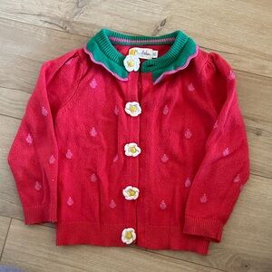Mini Boden Red Cardigan with Green Trim and Flower Buttons